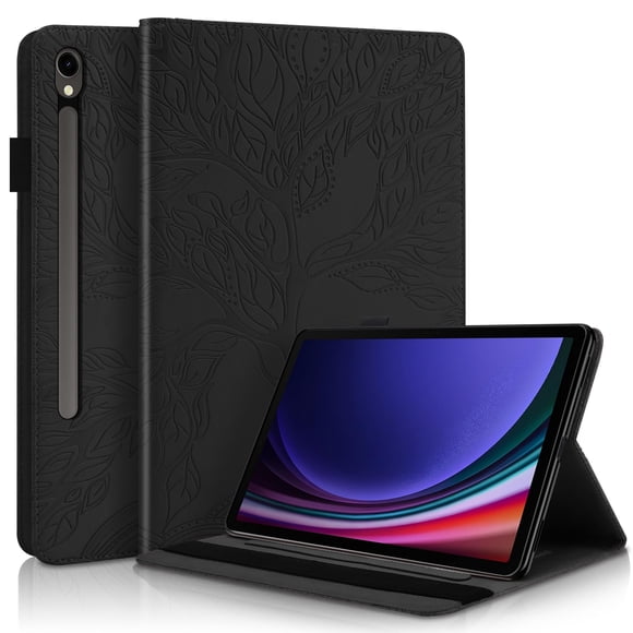 Funda con relieve del Árbol de la Vida para tablet Samsung Galaxy Tab S10/9 FE(2023) con soporte, ranuras para tarjetas y soporte para lápiz óptico. Negro