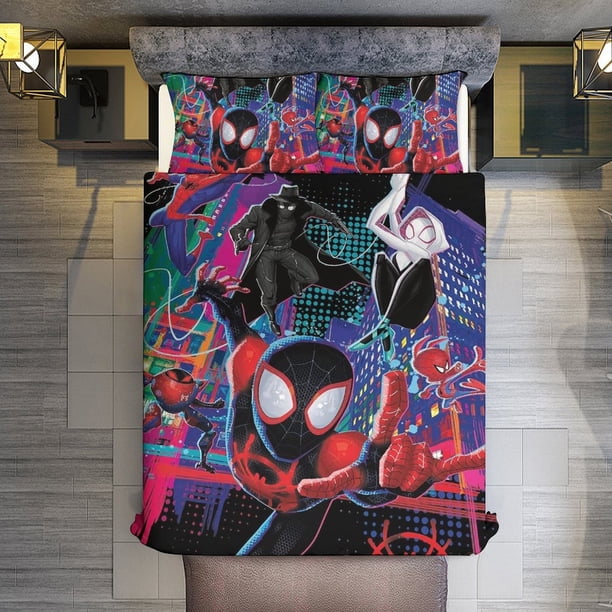 Spider-Man - Into The Spider Verse 3 Piece Sets Full/Queen Size - Reversible Microfiber Quilts with 2 Shams Soft Lightweight Bedspread Coverlet Comforter for All Season Bed Sheets