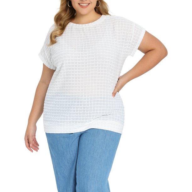 GRACIA Y GRANDEZA Blusa de Verano para Mujer Talla Grande Punto de Canalé Cuello Barco Manga Raglán Suelta Blusas Casuales Huecas 1X Blanco