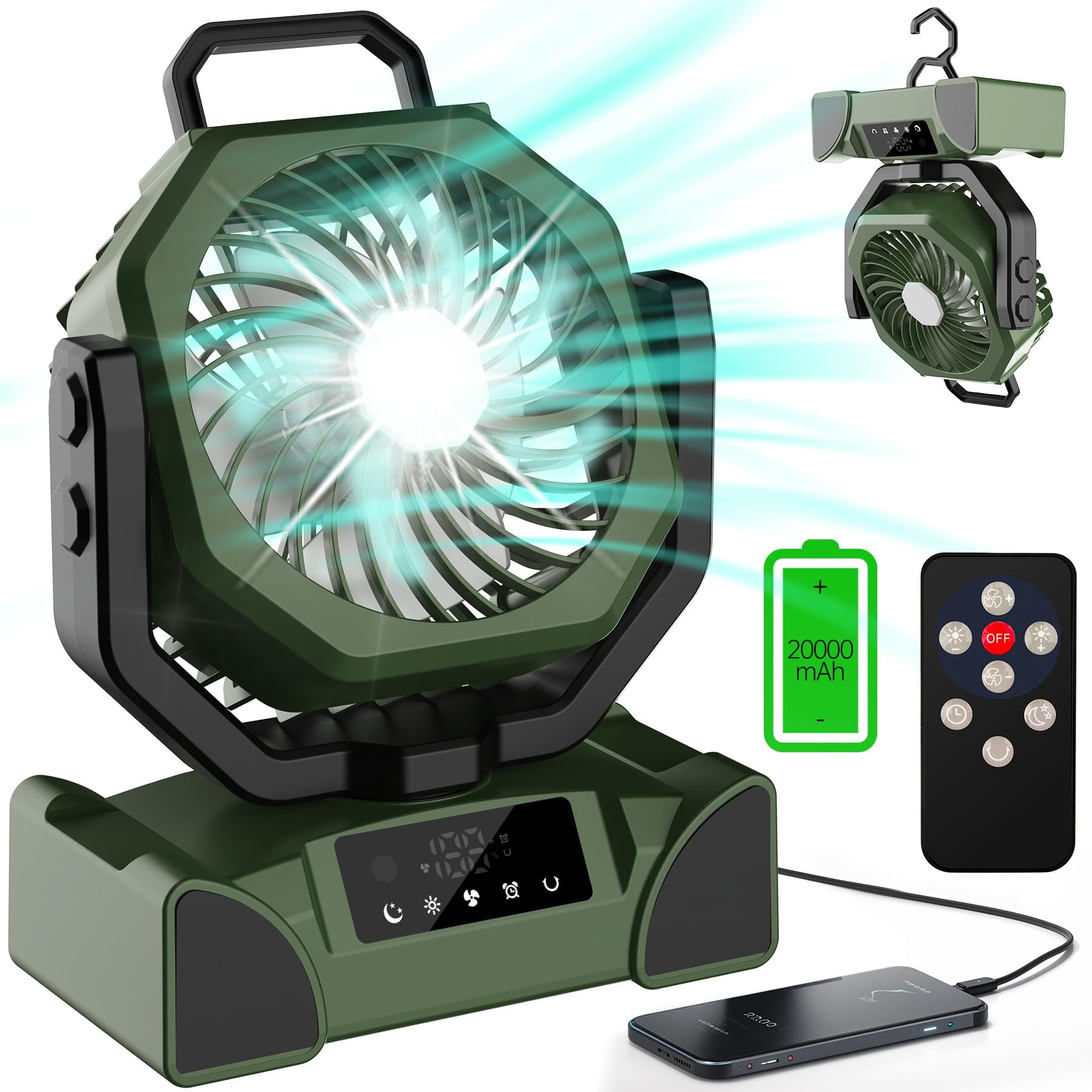 Ventilador Portátil Para Acampar Topported De 2000 Mah Con Linterna Led Verde