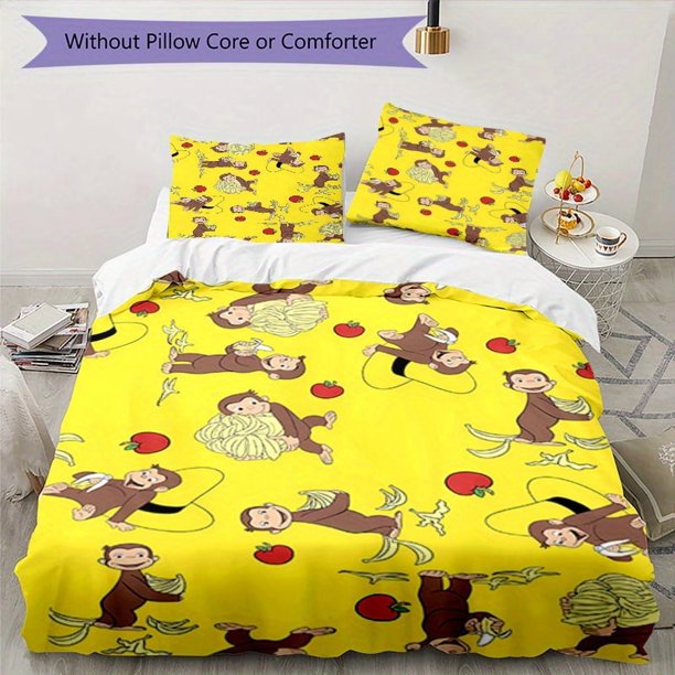 Curious George-Inspired 3pcs Bedding Set - Includes 1 Cover & 2 Pillowcases, Breathable Polyester, Machine Washable - Perfect for All Seasons S291, Bedroom Essentials, Home Decor, Playful Design, Fun