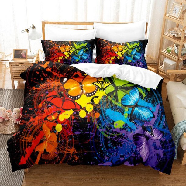 Blue Oil Painting Butterfly White Quilt Duvet Cover Set Children 3-Piece Bedding Set