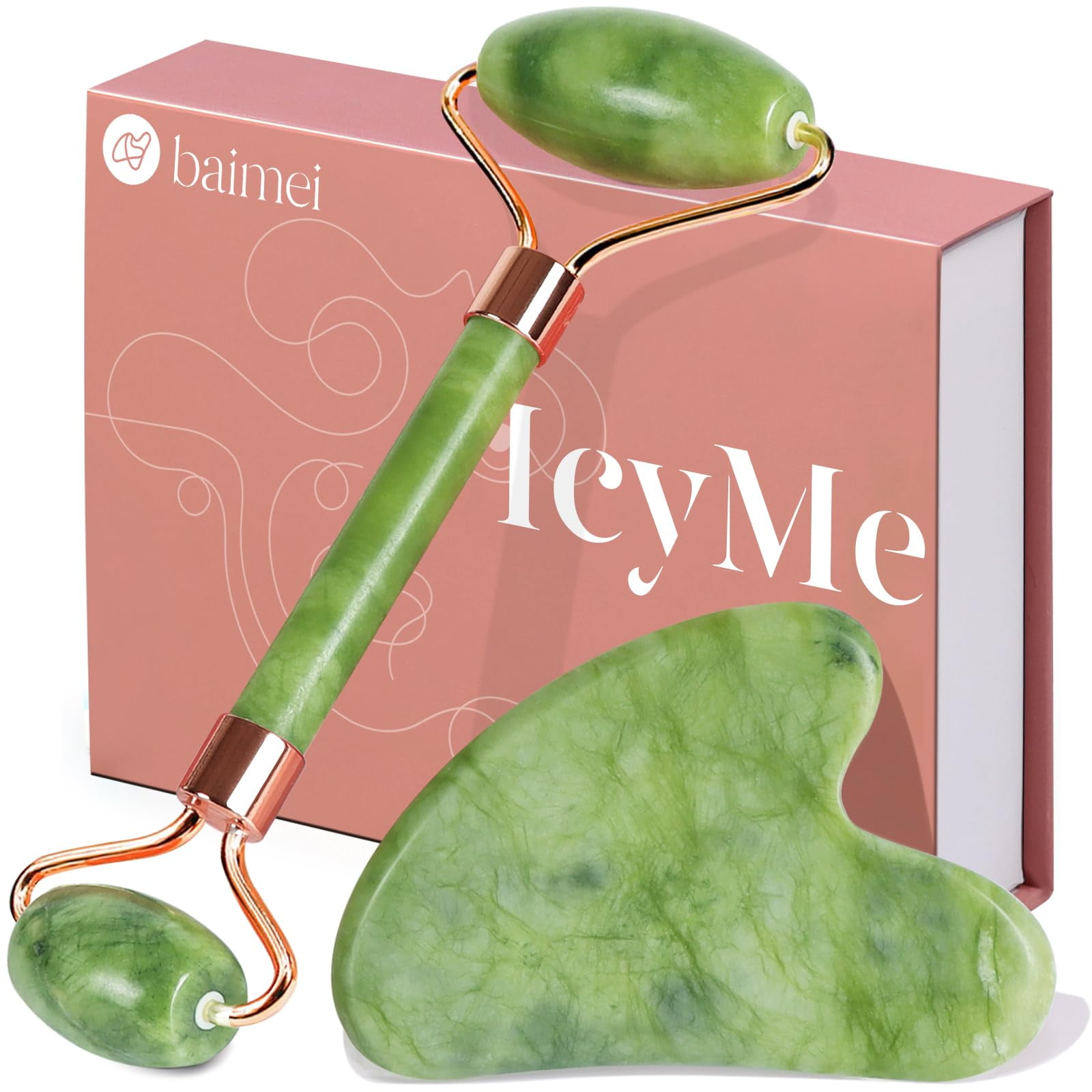 Set De Herramientas Faciales Baimei Icyme Gua Sha & Jade Roller Green