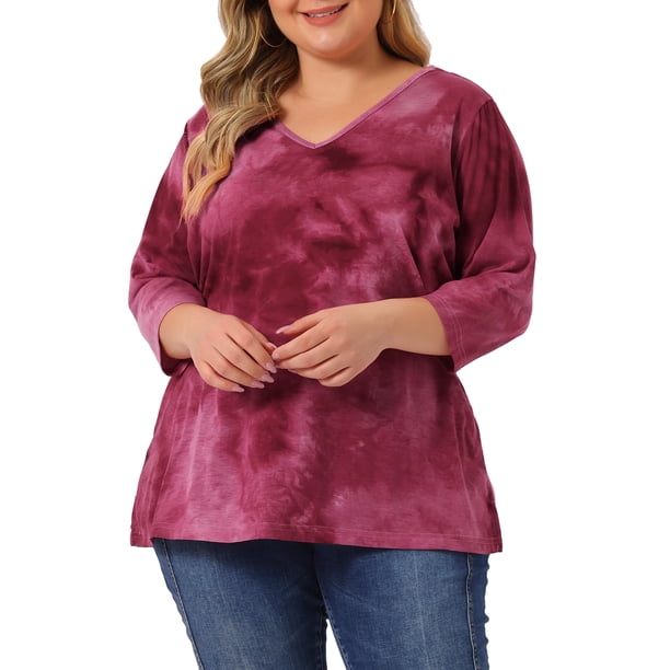 Agnes Orinda Blusas Casuales de Talla Grande para Mujer, Tops de Colegio con Rayas de Tie Dye, Cuello en V, Mangas 3/4, Túnica, 2X Rosa Fucsia
