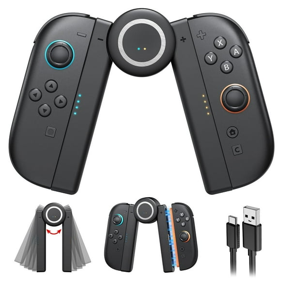 Empuñadura de carga para Nintendo Switch, soporte magnético para mandos con 5 posiciones de rotación ajustables para JoyCons, juega mientras se carga con indicador LED y cable de 1,5 m