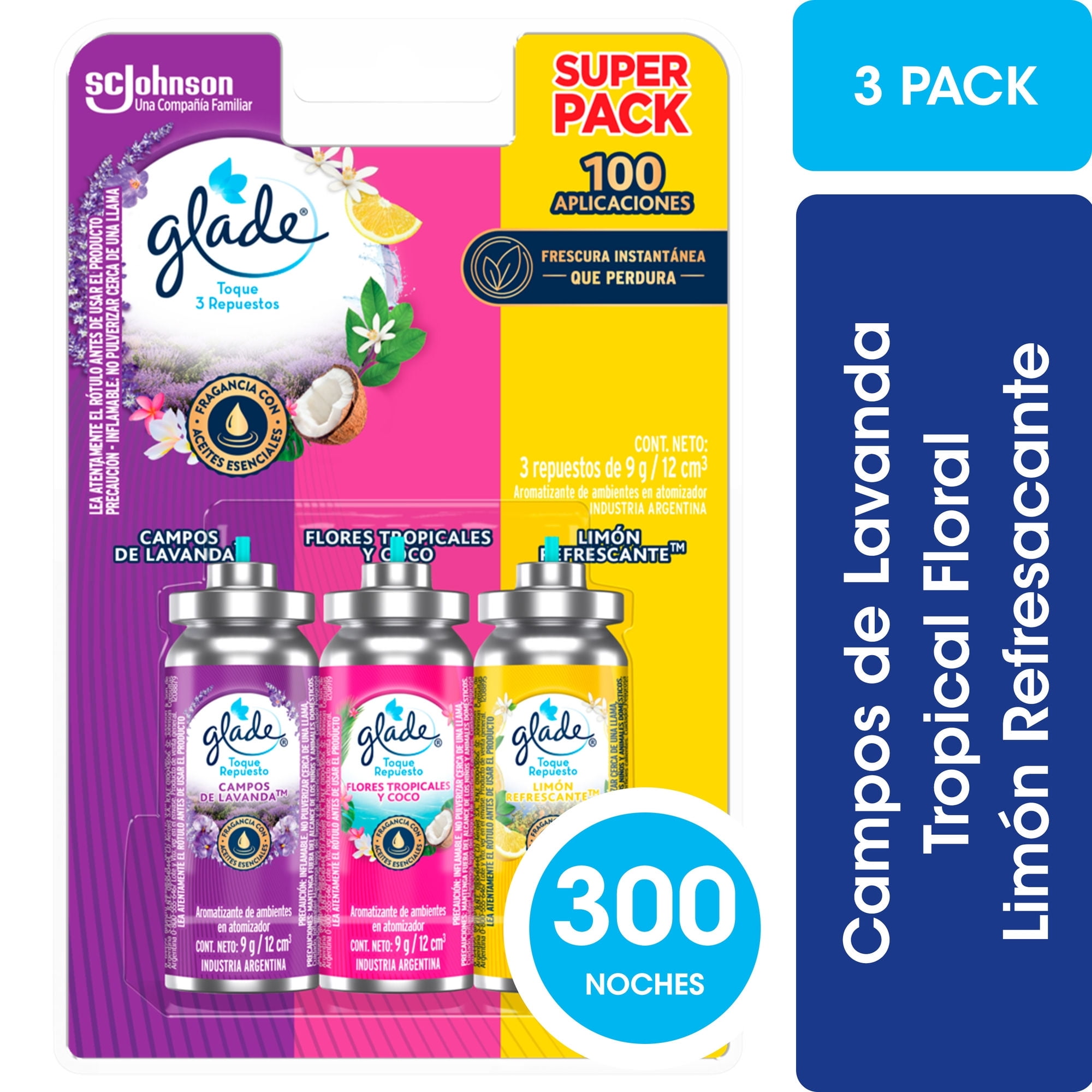 Glade - Aromatizante Ambiental Toque Repuesto Aerosol Lavanda - Tropical Floral - Limón Refrescante Lata