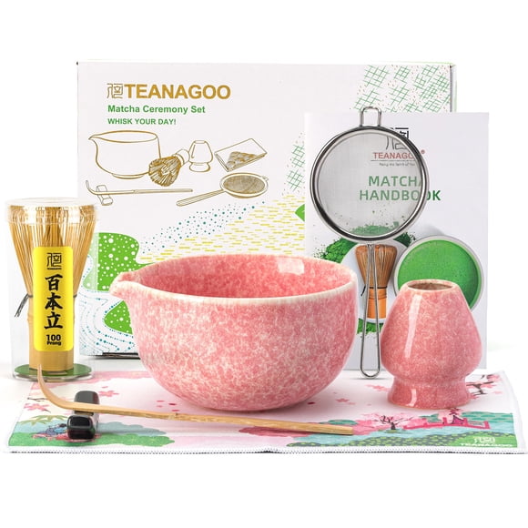 Juego de batidores para matcha TEANAGOO, cuenco de cerámica rosa, 510 ml, 7 unidades