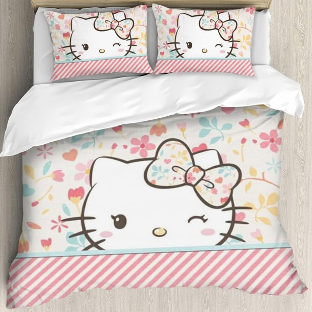 Hello Cat Kitty 3 Piece Twin Bed Set - Includes Comforter & Pillowcases - Bedding Features Anime Cats - Super Soft Fade Resistant Microfiber