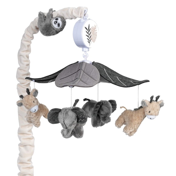 Cuna Mobile Lambs & Ivy Baby Jungle Animals con color gris musical/marrón