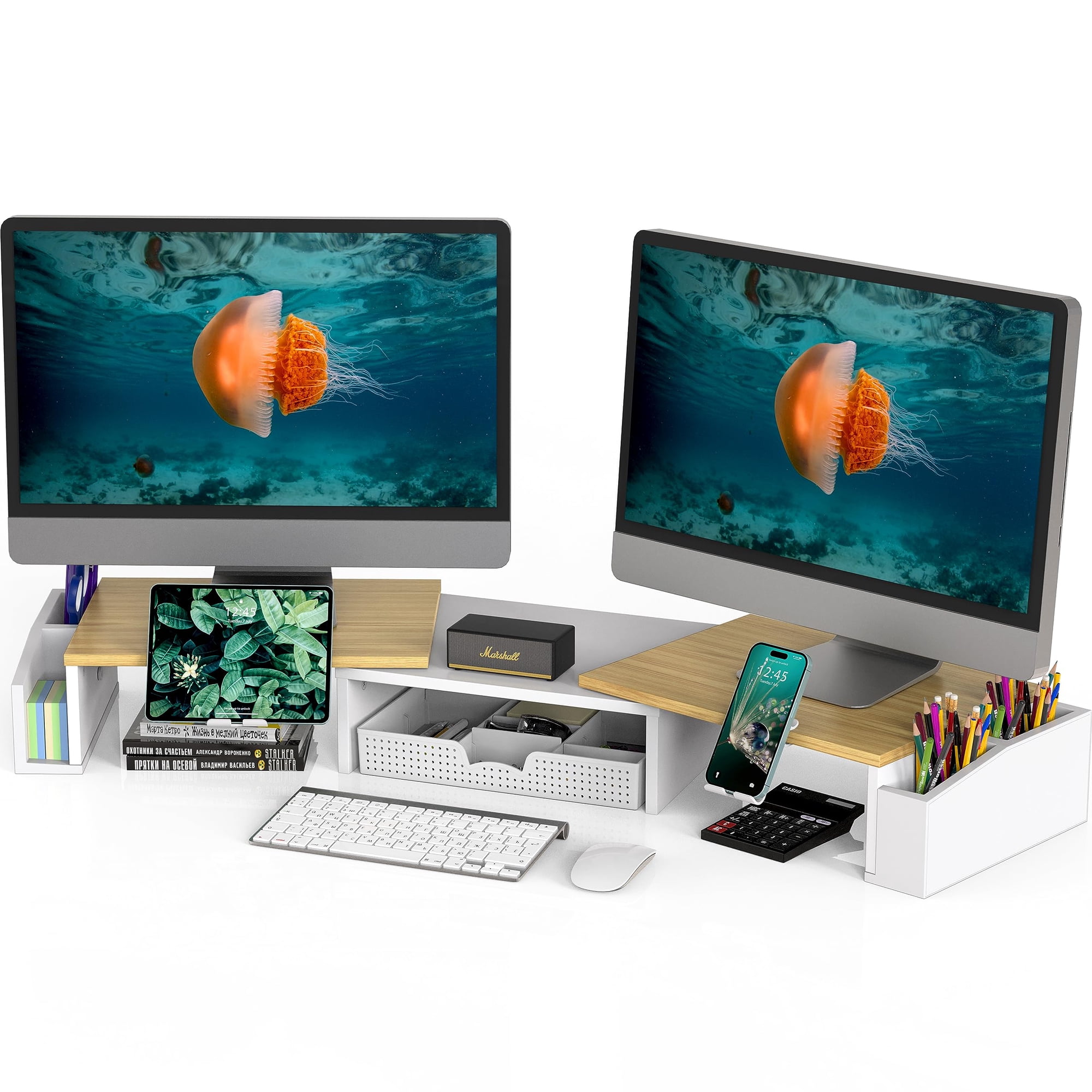 Simple Houseware - Soporte Para Monitor, Sencillo, Doble, Con Cajón, Roble