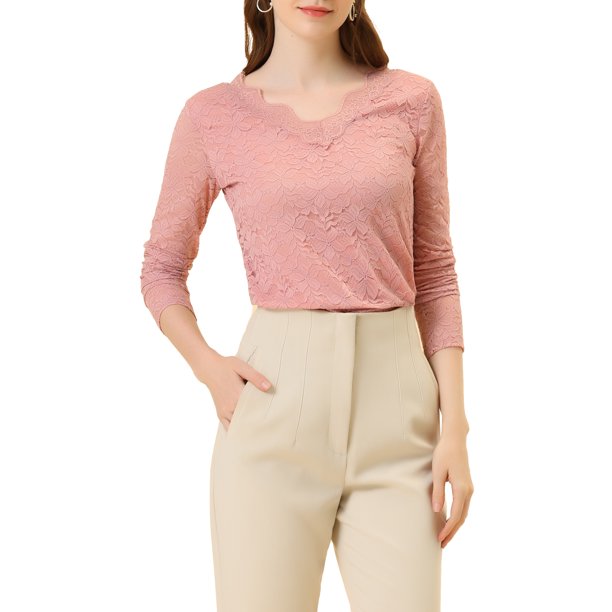 INSPIRE CHIC Blusa de Encaje Floral para Mujer de San Valentín con Cuello en V y Manga Larga con Ribete Festoneado XS Rosa