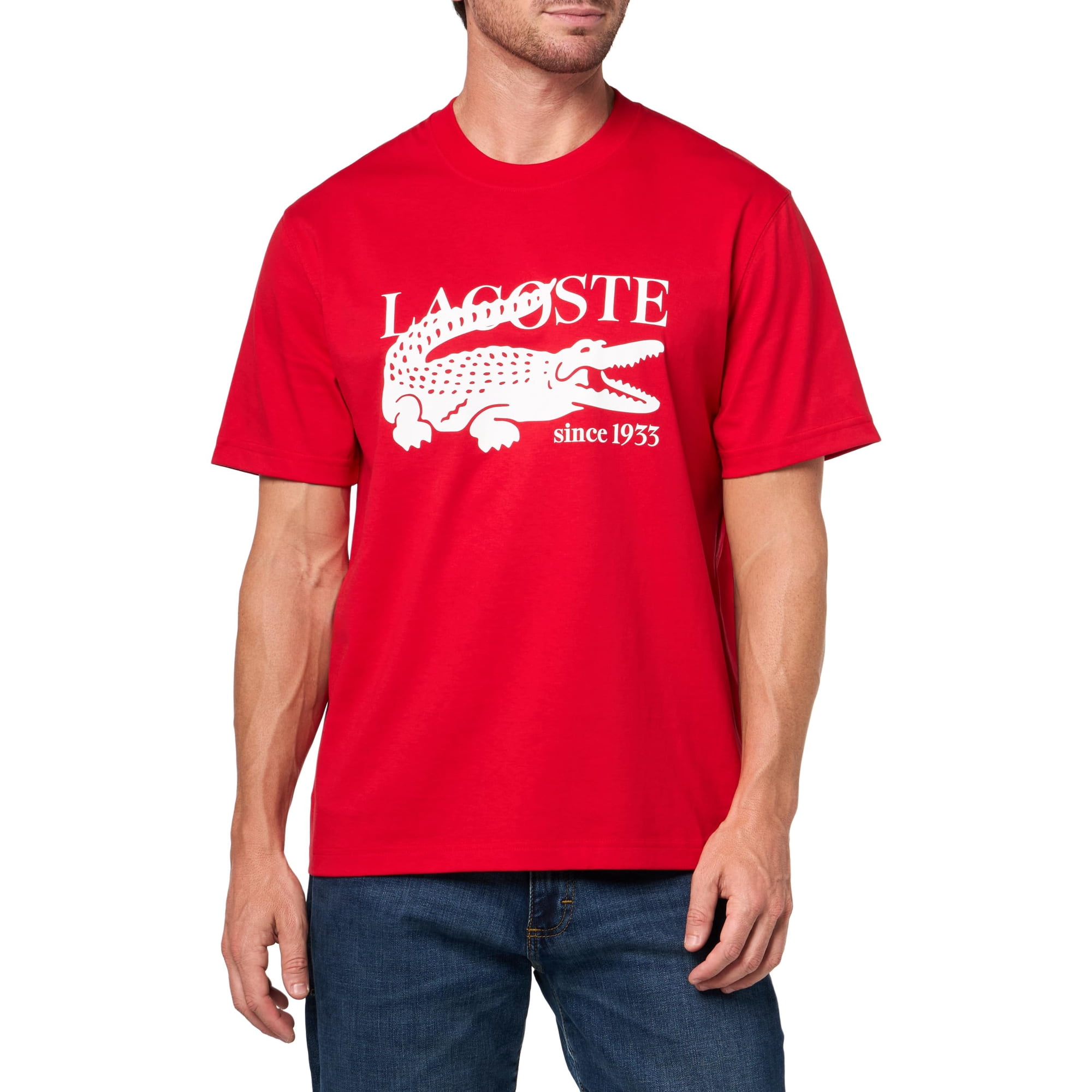 Remera Lacoste Para Hombre Con Cuello Redondo, Manga Corta, Ajuste Clásico, Roja