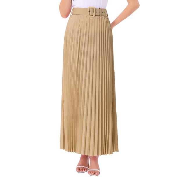 INSPIRE CHIC Falda Plisada para Mujer con Cintura Alta Elástica y Cinturón, Falda Maxi de Línea A Fluida 3XL Caqui