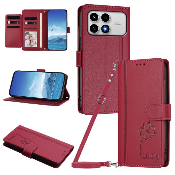 Funda Cartera Trébol para Xiaomi Poco F8 Pro con Ranuras Tarjetas y Carga Inalámbrica Rojo