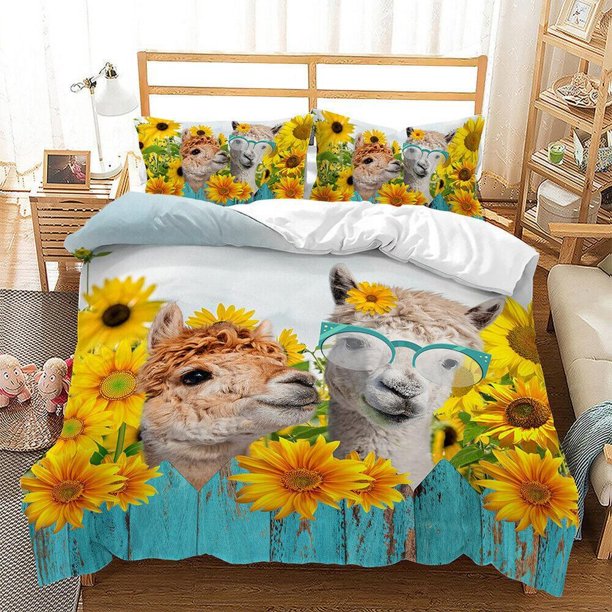Alpaca Sunflower Animal Print Quilt Duvet Cover Set Double Bedclothes3-Piece Bedding Set