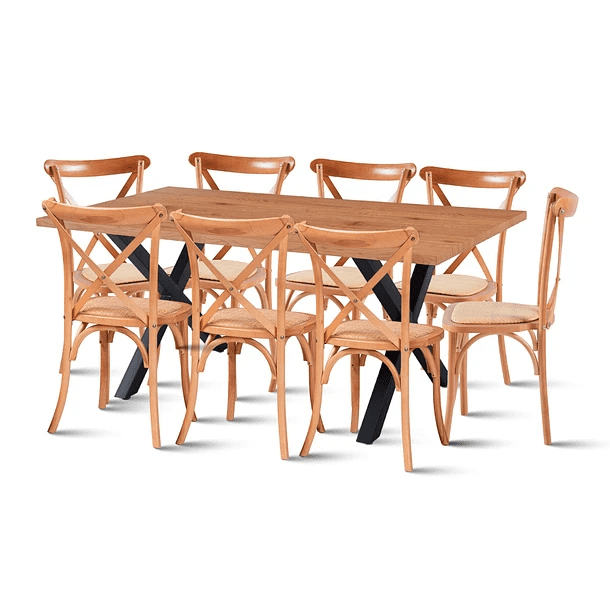 Klik Muebles - Comedor Mesa Color Madera Y Metal Cross 180x90 + 8 Silla Crossback Madera Rattan Natural