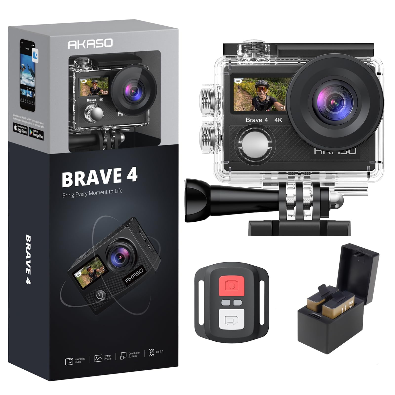Cámara De Acción Akaso Brave 4 4k, 30 Fps, 20 Mp, Wifi Con Eis, 40 M, Resistente Al Agua