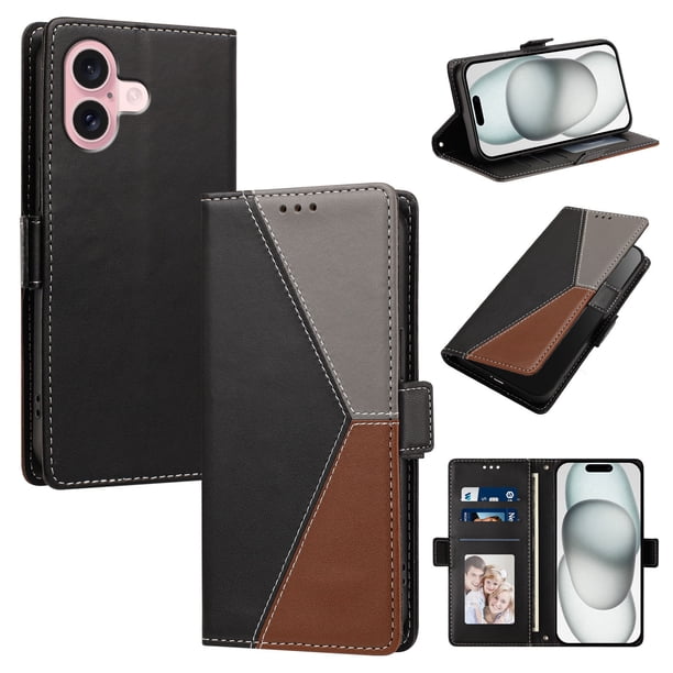 Funda Cartera Tricolor para iPhone 16 con Ranuras para Tarjetas, Negro