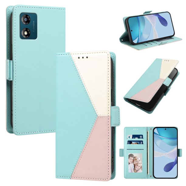 Cartera de PU Tricolor para Motorola Moto E13 con Ranuras y Soporte, Verde
