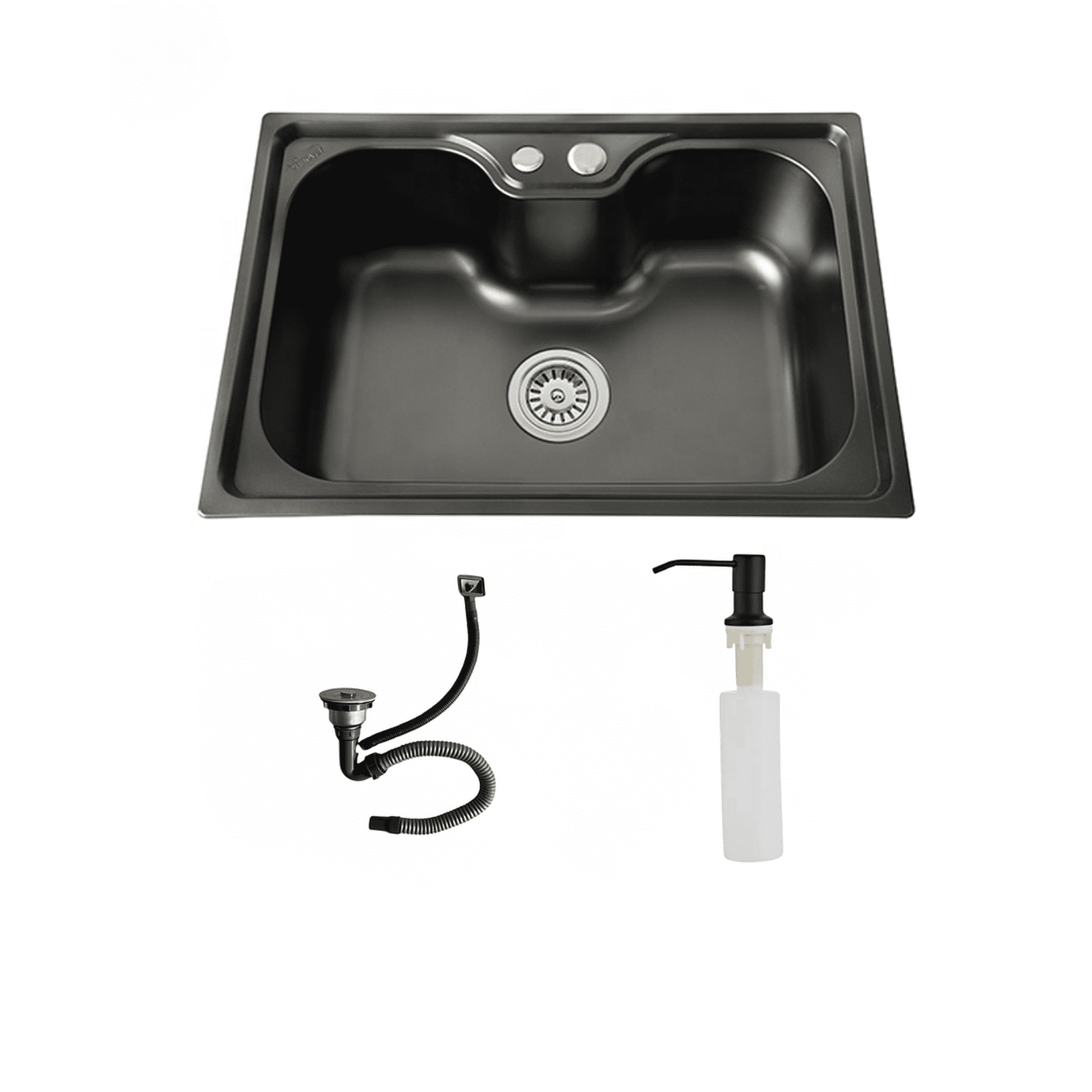 Moderm Space - Lavaplatos Negro 50x40 Cm Para Empotrar De Acero Inoxidable Estilo Riñon + Dispensador