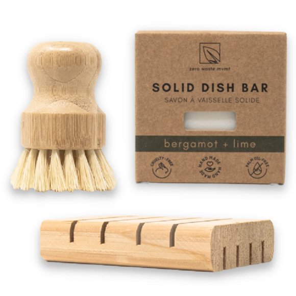 Kit de lavado de platos Zero Waste MVMT | Jabón sólido ecológico para platos, bandeja de jabón de cedro, cepillo de bambú para ollas | Jabón para platos orgánico, vegano y no tóxico | 3 piezas Set