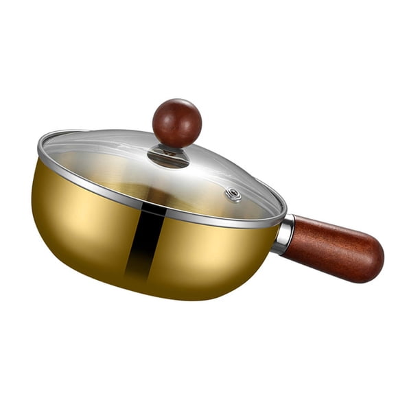 Sartén de Acero Inoxidable con Tapa Clara Mango de Madera Cómodo Antiadherente Portátil para Derretir Queso Cocinar Noodles Usar en Cocinas Caseras Y 16 cm de oro