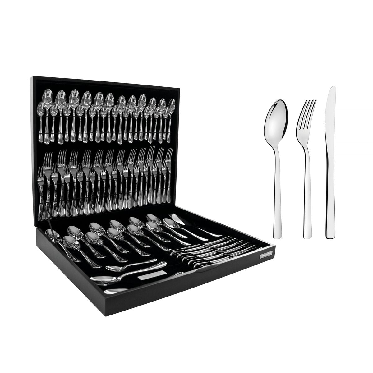 Juego De Cubiertos Oslo De Acero Inoxidable Con Cuchillos De Mesa Y Estuche De Madera De 76 Piezas Tramontina