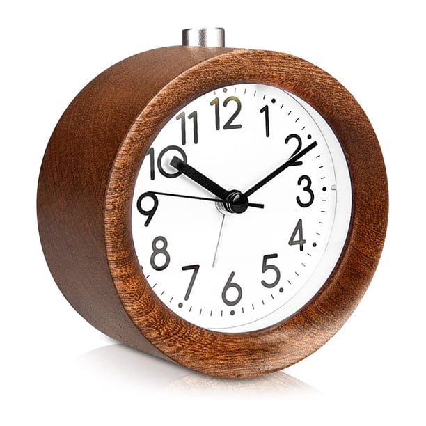 Reloj despertador analógico de madera con función de repetición - Reloj retro con luz de alarma en el dial - Reloj de mesa de madera vintage silencioso sin