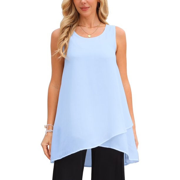 INSPIRE CHIC Blusa sin mangas de gasa casual de mujer para el regreso a clases, cuello redondo, asimétrica, holgada, verano, talla L, azul cielo