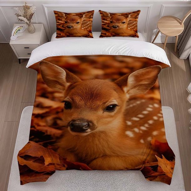 Deer Autumn Leaves Themed Bedding Set Duvet Cover and Pillowcase Set Soft and Comfortable for All Seasons