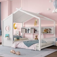 M&Ms - Full Size Floor House Bed For Toddler, Kids Montessori Bed With Storage Shelf, Playhouse Bed With Roof Design, White