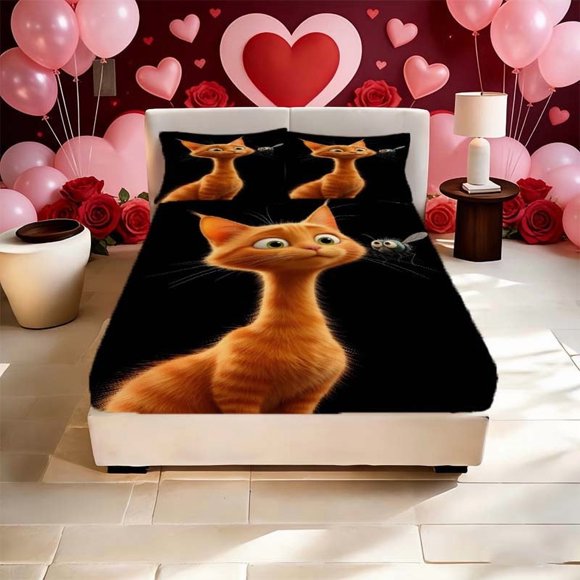 Orange Striped Cat Printed Fitted Sheet Set a Must-Have for Family Guest Rooms Deep Pockets for a Secure Fit Perfect Gift for Easter Mother'S Day Father'S Day