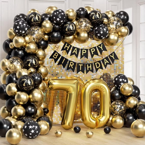 Kit de decoración de cumpleaños Anjerlfu para 70 cumpleaños, color negro y dorado
