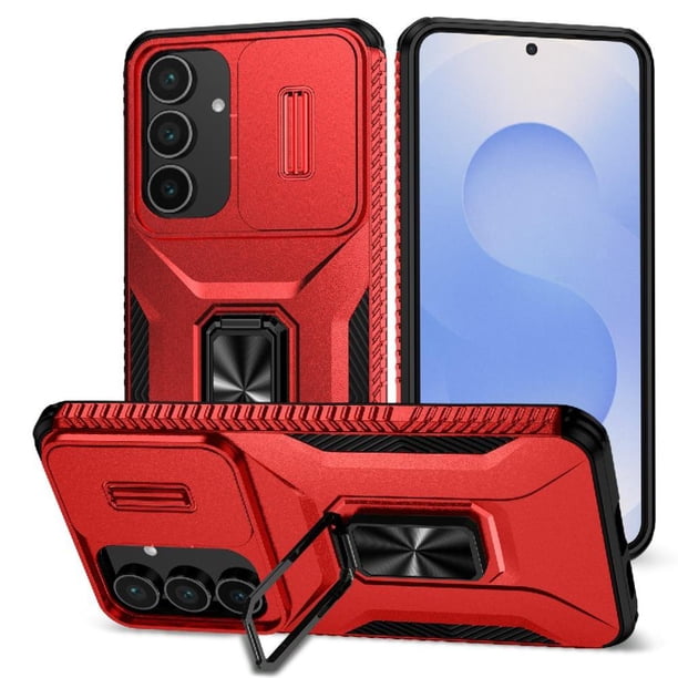 Funda Armada para Samsung Galaxy S25 FE con Tapa Deslizante y Soporte Magnético Giratorio Rojo