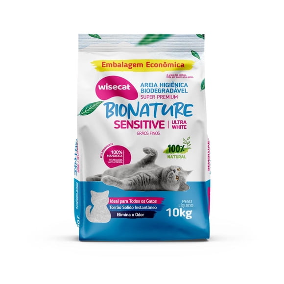 Arena Higiénica Biodegradable para Gatos Wisecat Bionature Sensitive Ultra White 100% Mandioca 10 kg