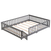 M&Ms - Full Size Floor Bed With Door,Solid Wood Platform Bed Frame With Fence,Suitable For Children,Pine Wood,Gray