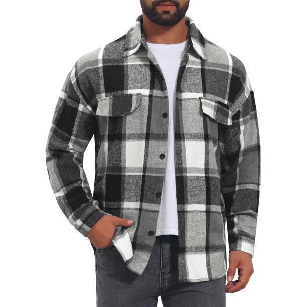Camisa Vintage para Hombre de Manga Larga con Botones y Cuadros Cepillados L Gris Oscuro