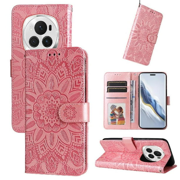 Funda tipo cartera FOXDOCK para Honor Magic 6 Pro , diseño girasol en relieve, cuero PU, cierre magnético, soporte y tarjetero
