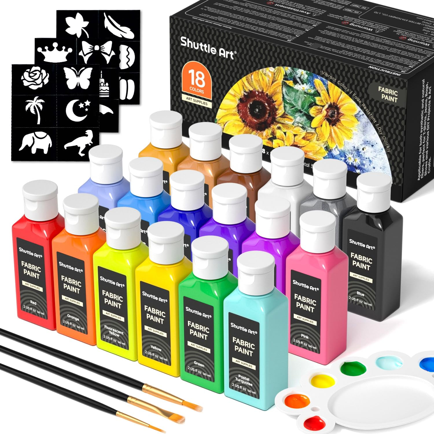 Shuttle Art - Pintura Para Tela 18 Colores 60 Ml Con Pinceles Y Plantillas