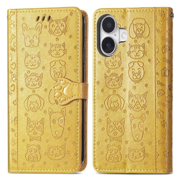 Funda Cartera FOXDOCK para iPhone 16 Plus , Flip PU con Relieve de Gatos y Perros, Tarjetero y Soporte