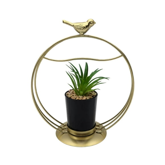 Figura Decorativa Candelabro Pajarito Dorado Con Mini Planta