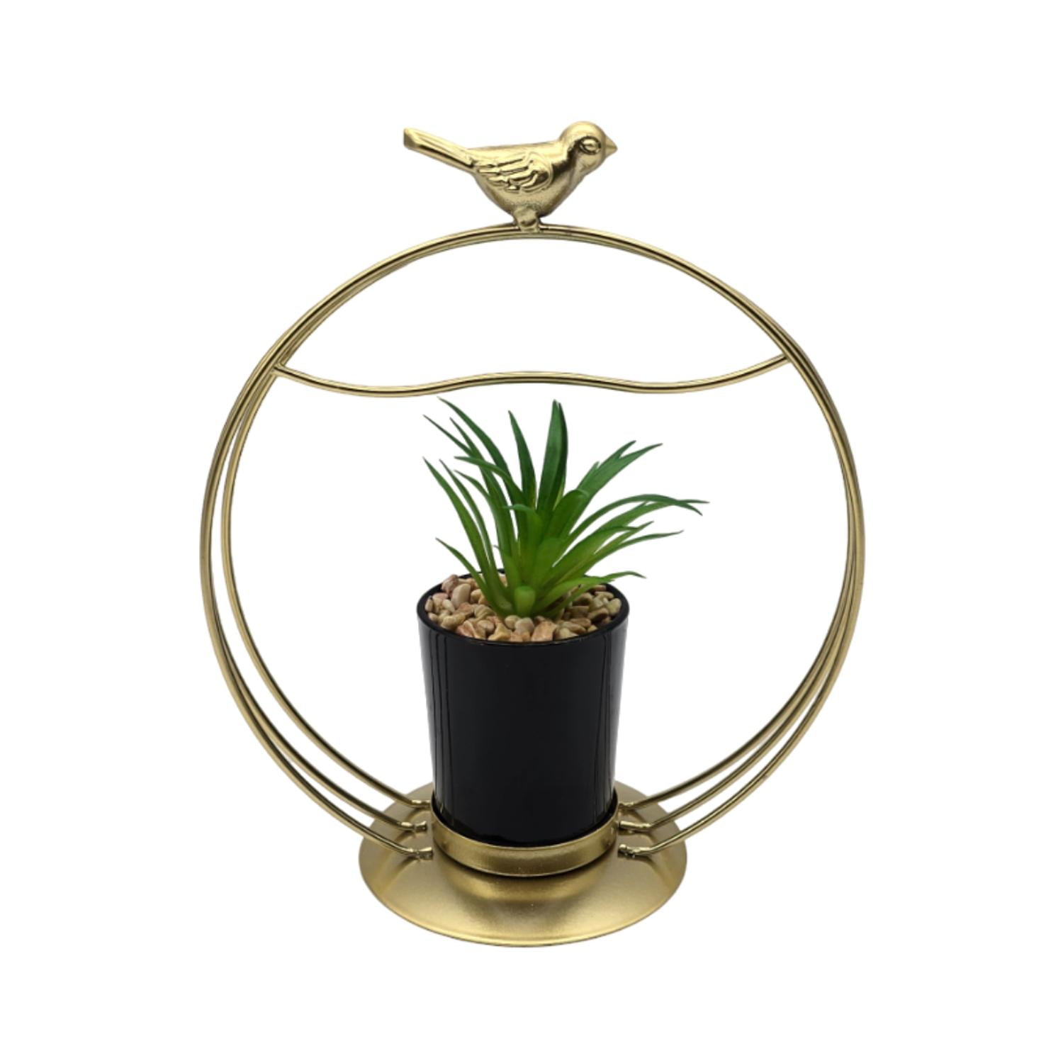 Fliperex - Figura Decorativa Candelabro Pajarito Dorado Con Mini Planta Dorado