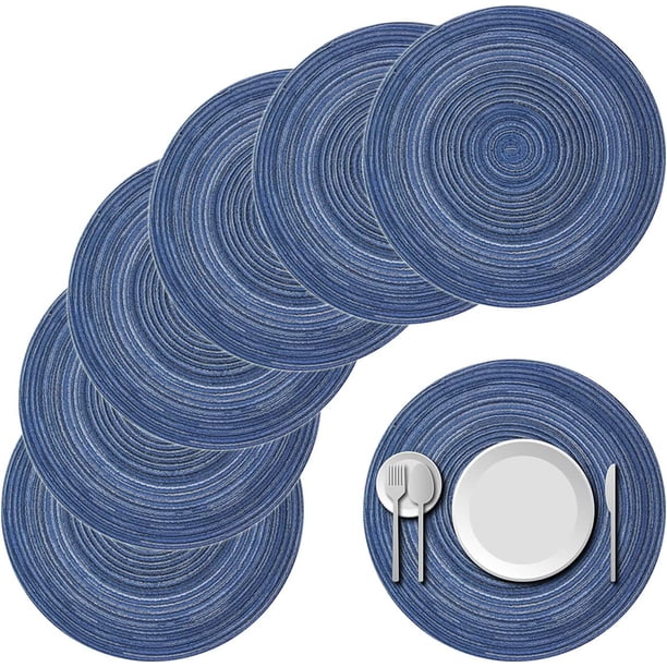 Firefly Hope Juego de 6 Manteletes Redondos Individuales de Algodón Premium, Antideslizantes con Textura Gruesa, Resistentes al Calor, Estilo A, 38cm, Color Azul