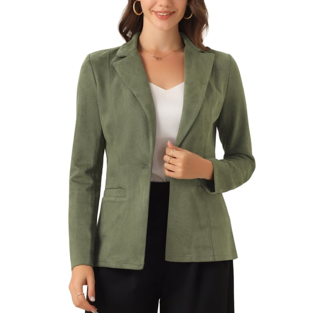 INSPIRE CHIC Chaqueta de Trabajo para Mujer de Imitación de Ante con Solapa, Mangas Largas, Talla M, Verde Militar