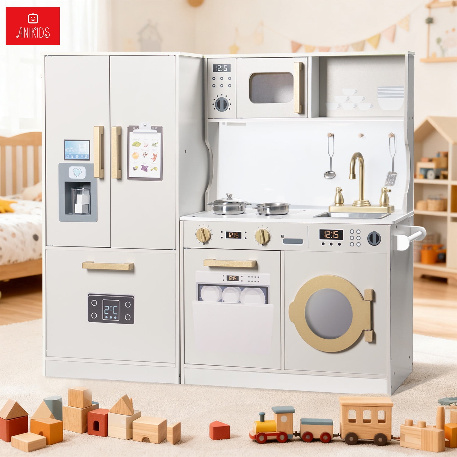 Anikids - Cocina De Juguete Infantil De Madera Extra Grande 100x89cm Crema