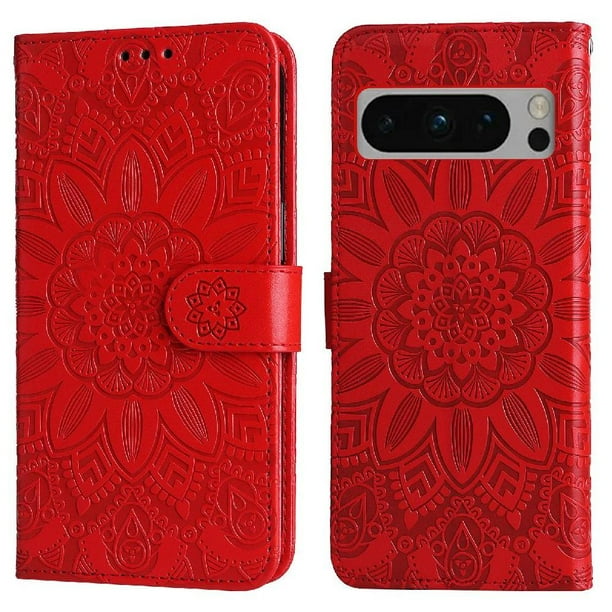 Funda tipo cartera FOXDOCK para Google Pixel 8 Pro , diseño girasol en relieve, cuero PU, cierre magnético, soporte y tarjetero