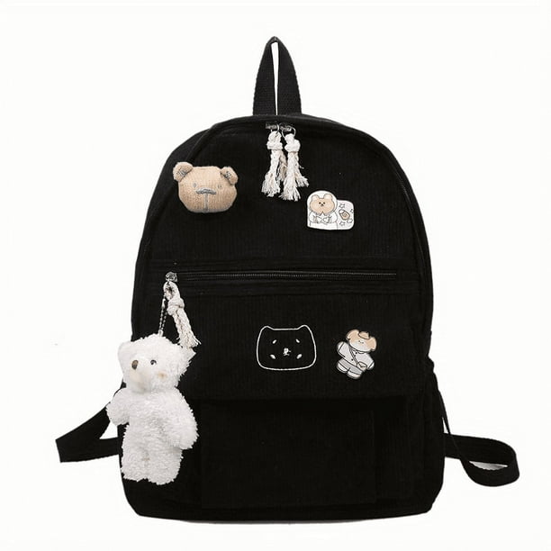 Kawaii Corduroy Backpack With Cute Bear Pendant, Preppy Style Laptop School Bag, Cute Cartoon Travel Bookbag
