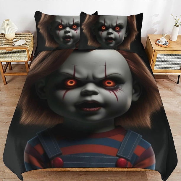 Juego de ropa de cama de la novia de Chucky, funda nórdica, ropa de cama de dibujos animados cómoda y ligera, 3 piezas (funda).