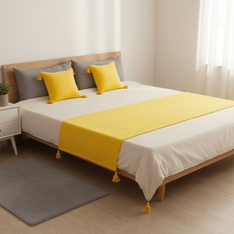 Genérico - Juego De Piecera De Lino Con Pompones Medida 70x210cm Pie De Cama Amarillo