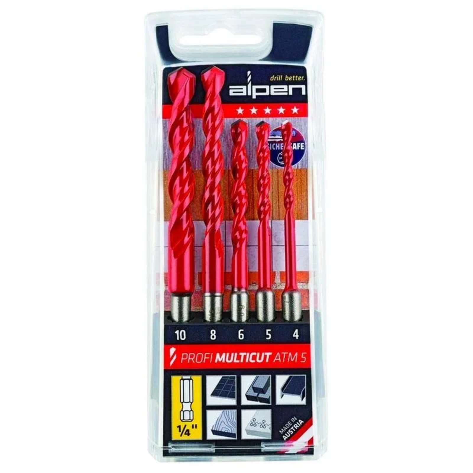 Alpen - Set 5 Brocas Multimaterial - 4/5/6/8/10 Mm - Toma Hexagonal 1/4'' - Profi Multicut